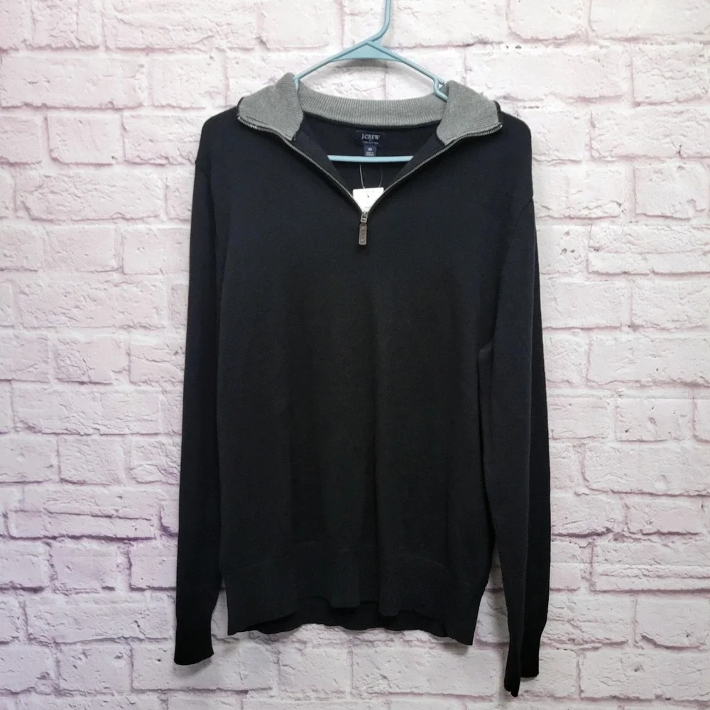 NEW J Crew Black Pullover Sweater Mens M 1/4‎ Zip 100% Cotton Knit Stretch Comfy